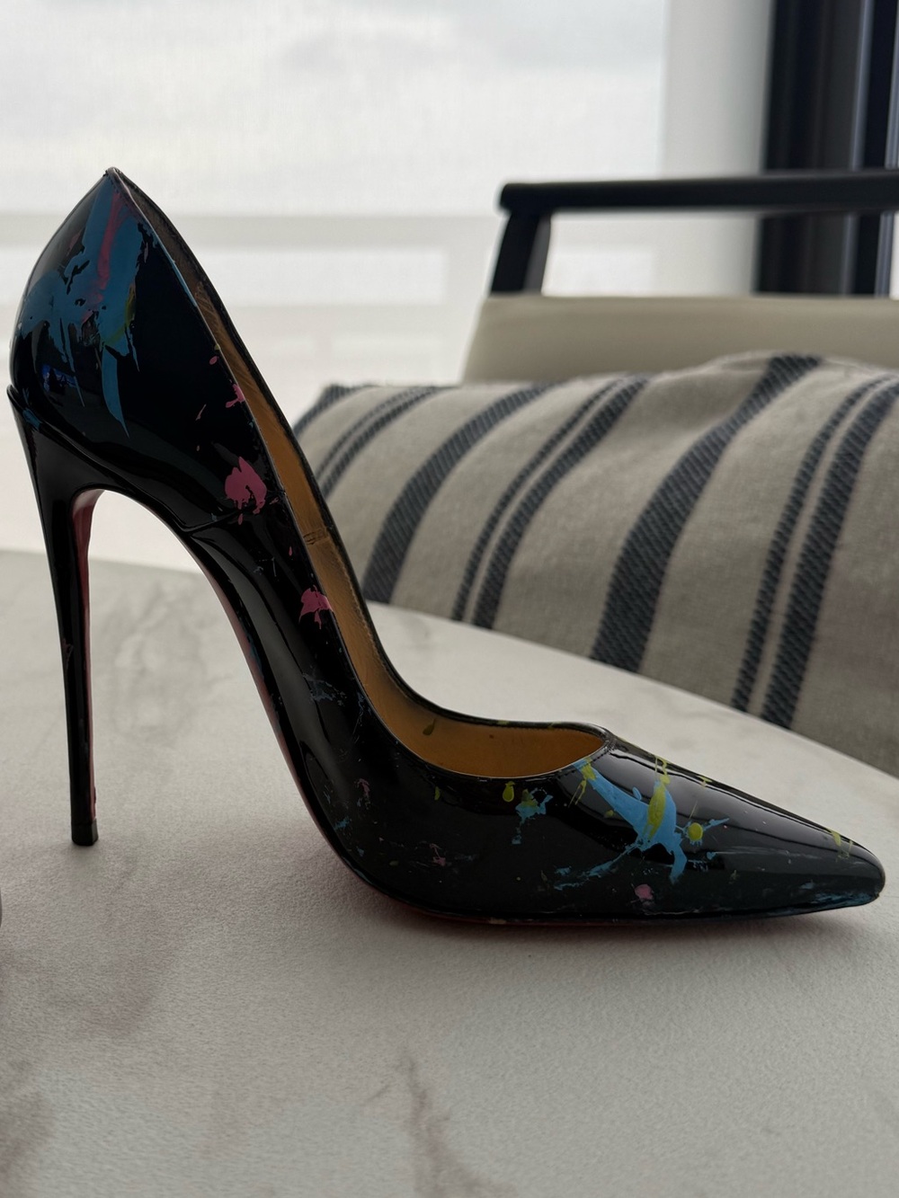 Christian Louboutin Black Patent Pumps with Neon Paint-Splatter Accents